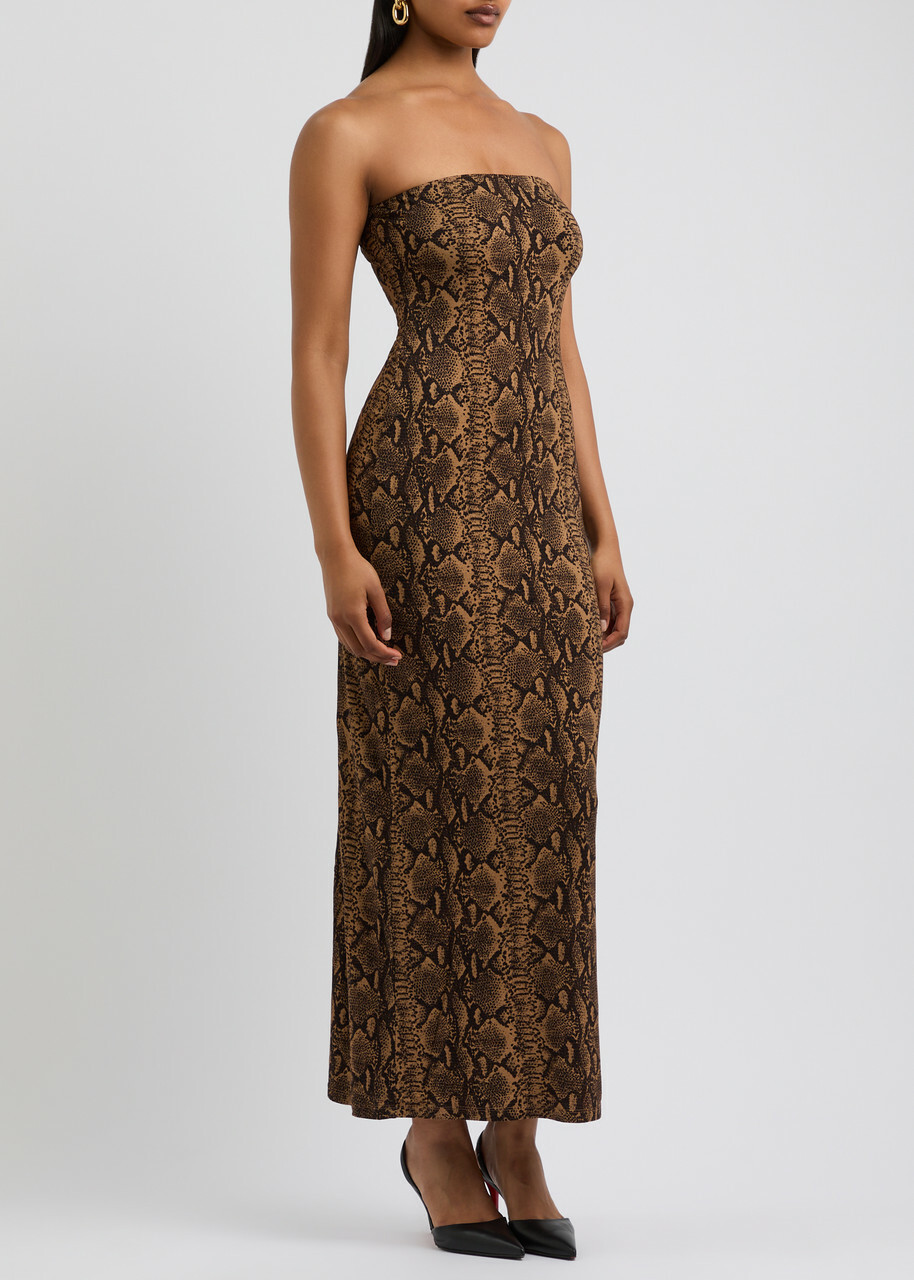 Alice + Olivia Delora Python-print Strapless Jersey Midi Dress Brown Alice  + Olivia