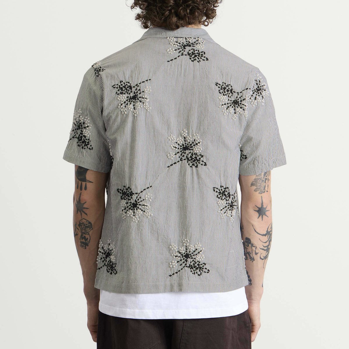 Universal Works Men's Hand Embroidered Stripe Road Shirt in Grey