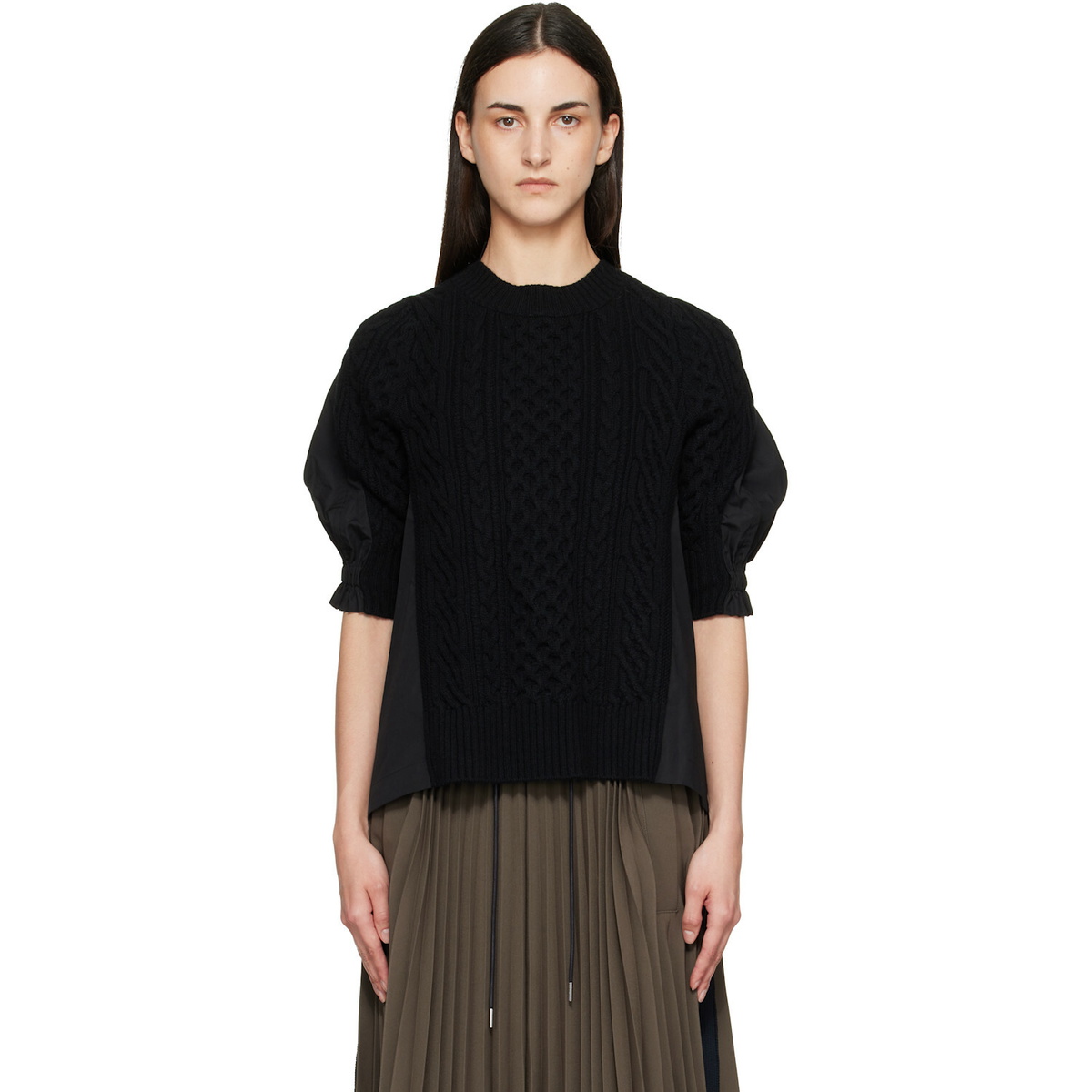sacai Black Wool Knit x Cotton Poplin Pullover Sweater
