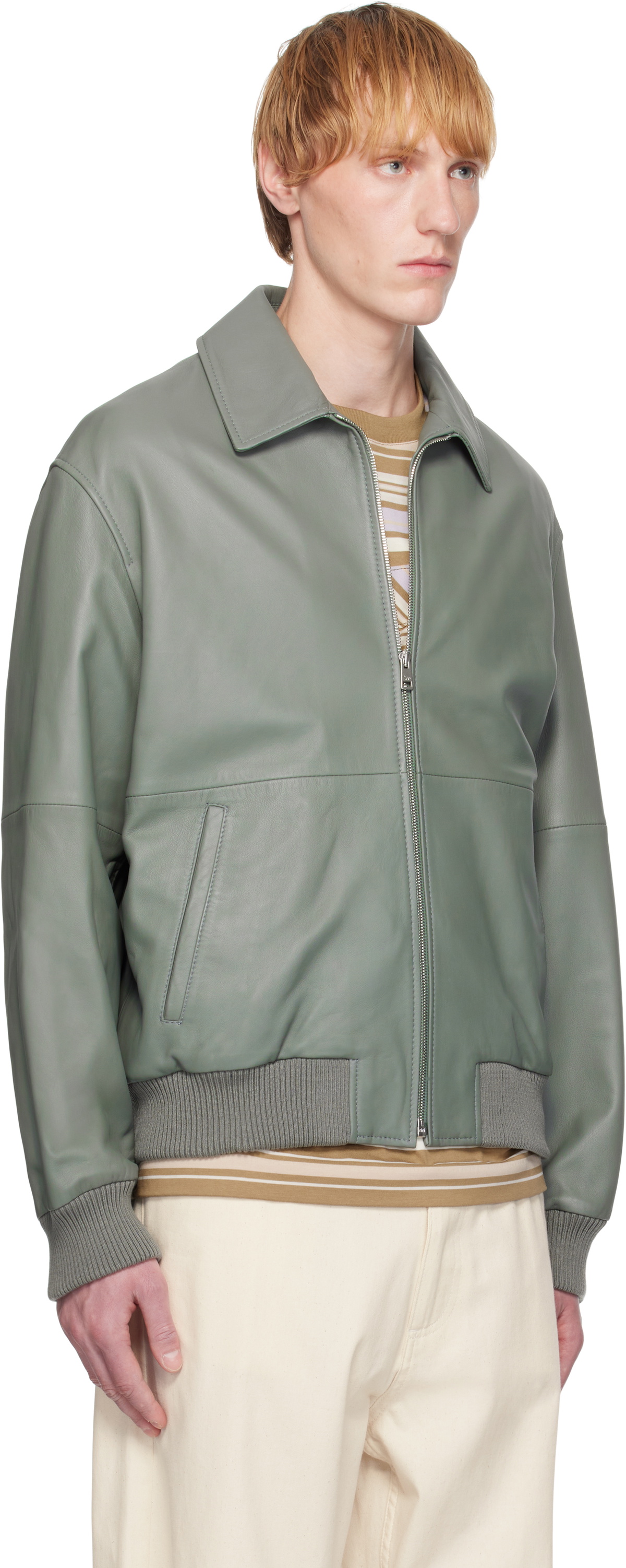 Maison Kitsuné Gray Zipped Leather Bomber Jacket Maison Kitsune