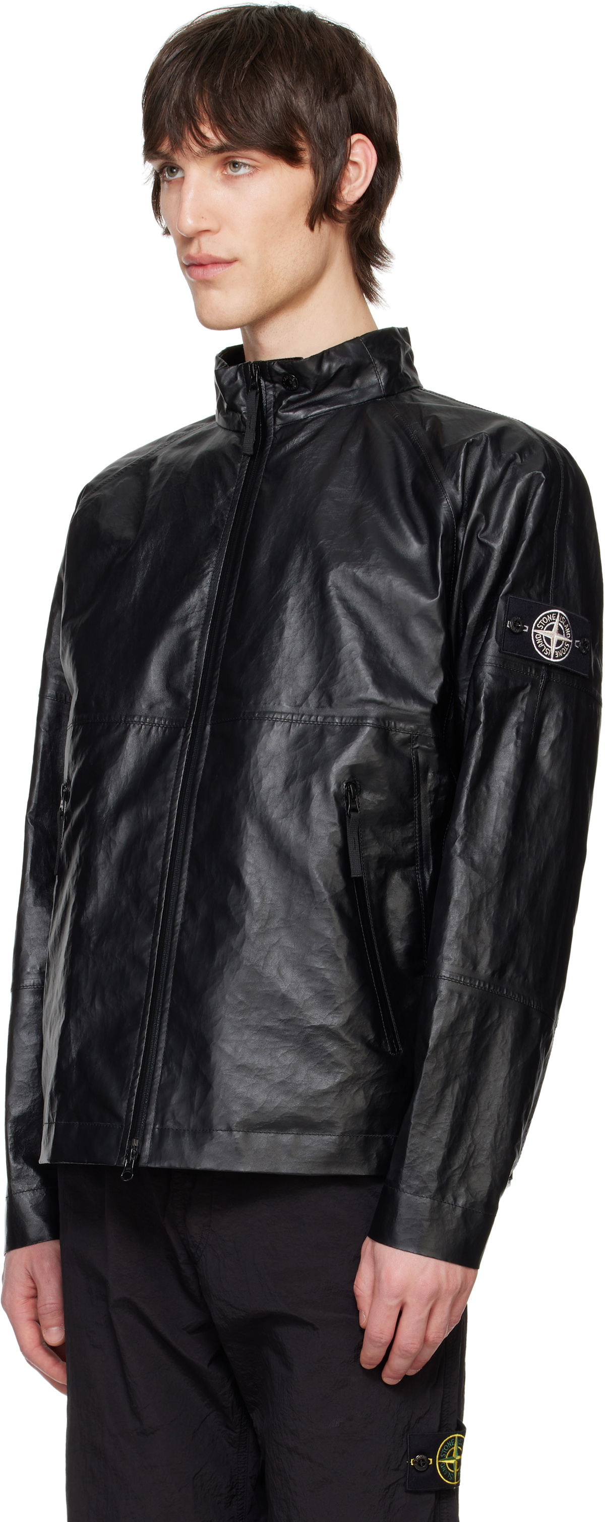 Stone Island Black Light Organza Leather Biker Jacket