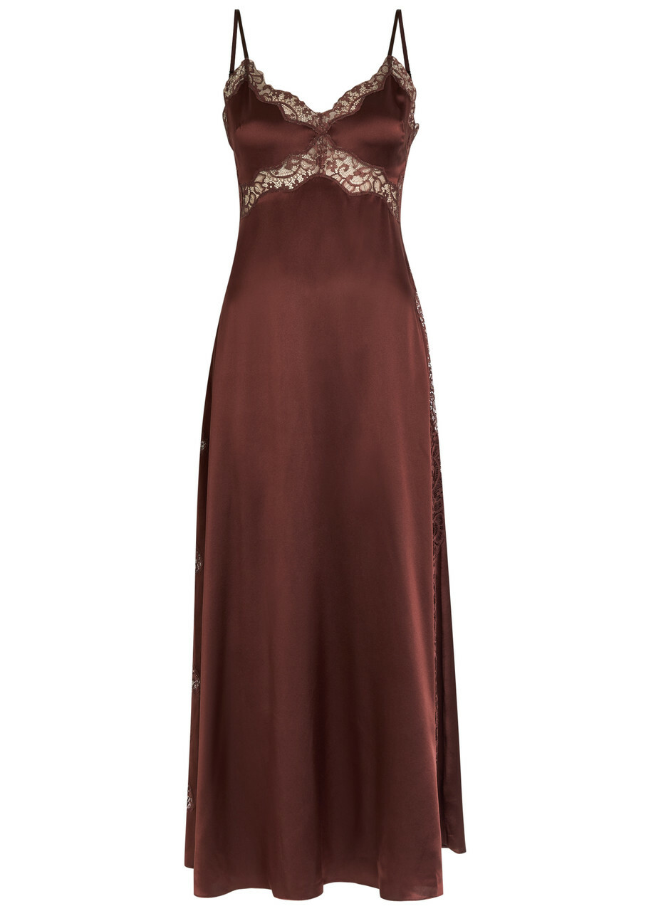 Reformation Ericka Lace-trim Silk Midi Slip Dress Dark Brown
