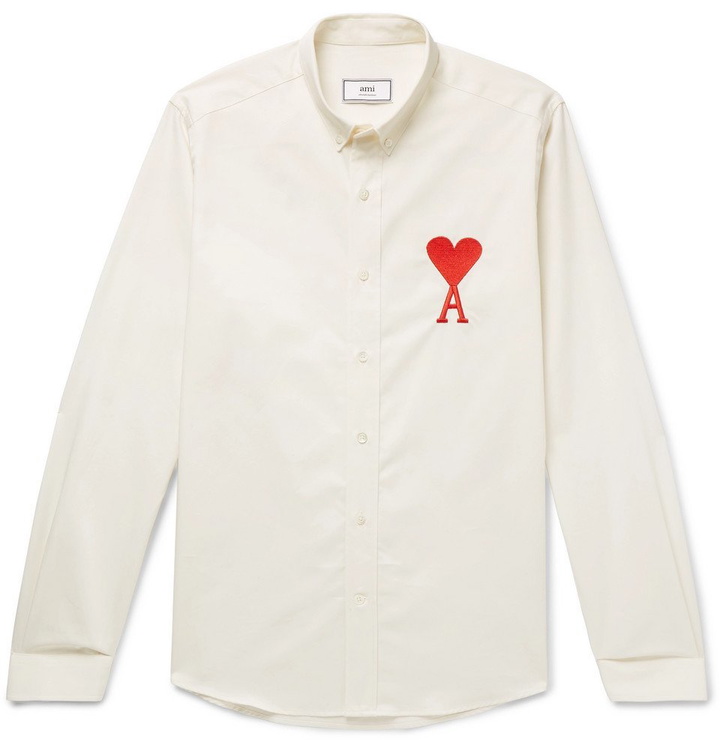 Photo: AMI - Button-Down Collar Logo-Embroidered Cotton Shirt - Cream