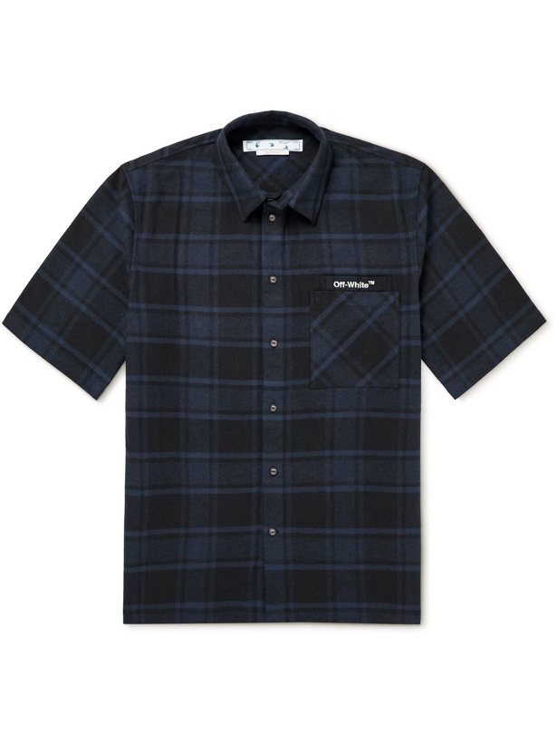 Photo: Off-White - Logo-Embroidered Checked Cotton-Blend Flannel Shirt - Blue