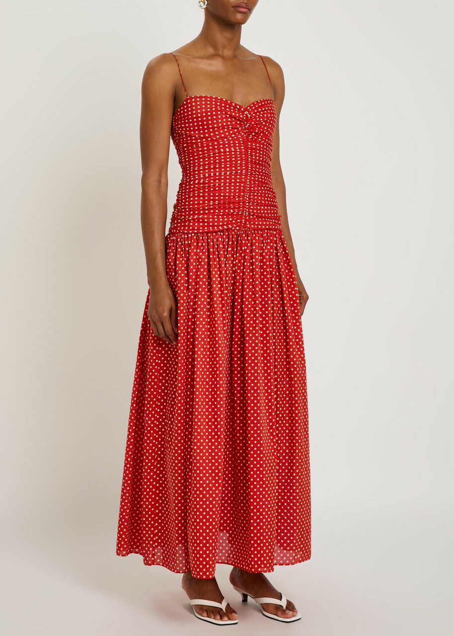Matteau Polka dot Gathered Cotton-blend Midi Dress Red