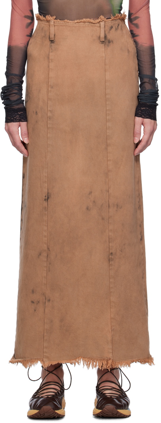 【OPEN YY】DYED DENIM MAXI SKIRT, BROWN OPEN YY Brown Dyed Denim Maxi Skirt OPEN YY