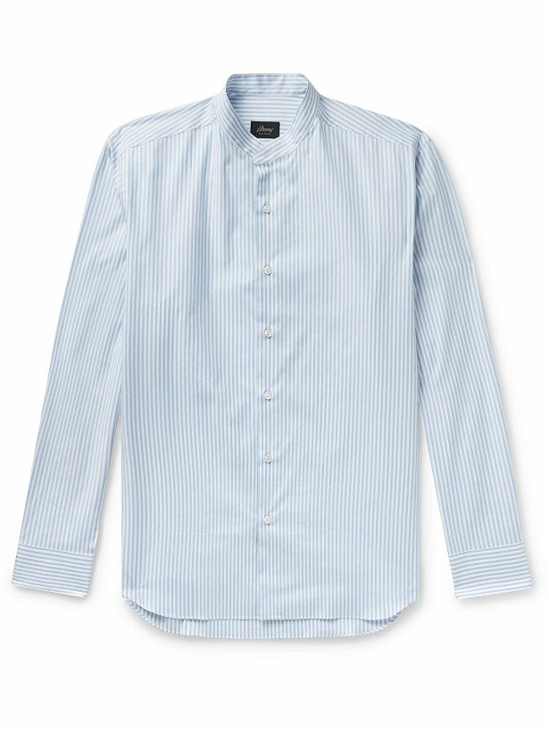 Photo: Brioni - Grandad-Collar Striped Cotton Shirt - Blue