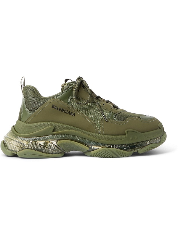 Photo: BALENCIAGA - Triple S Clear Sole Mesh, Nubuck and Leather Sneakers - Green