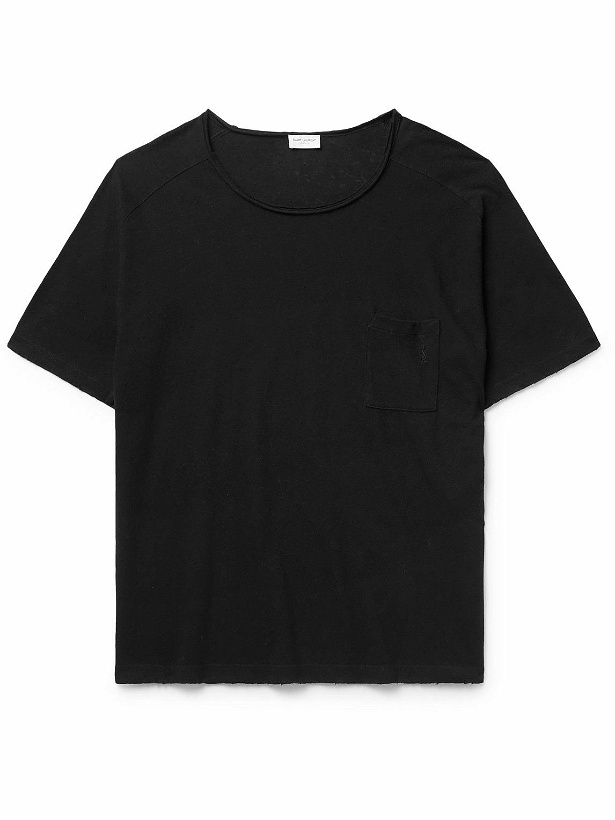 Photo: SAINT LAURENT - Distressed Cotton and Linen-Blend Jersey T-Shirt - Black