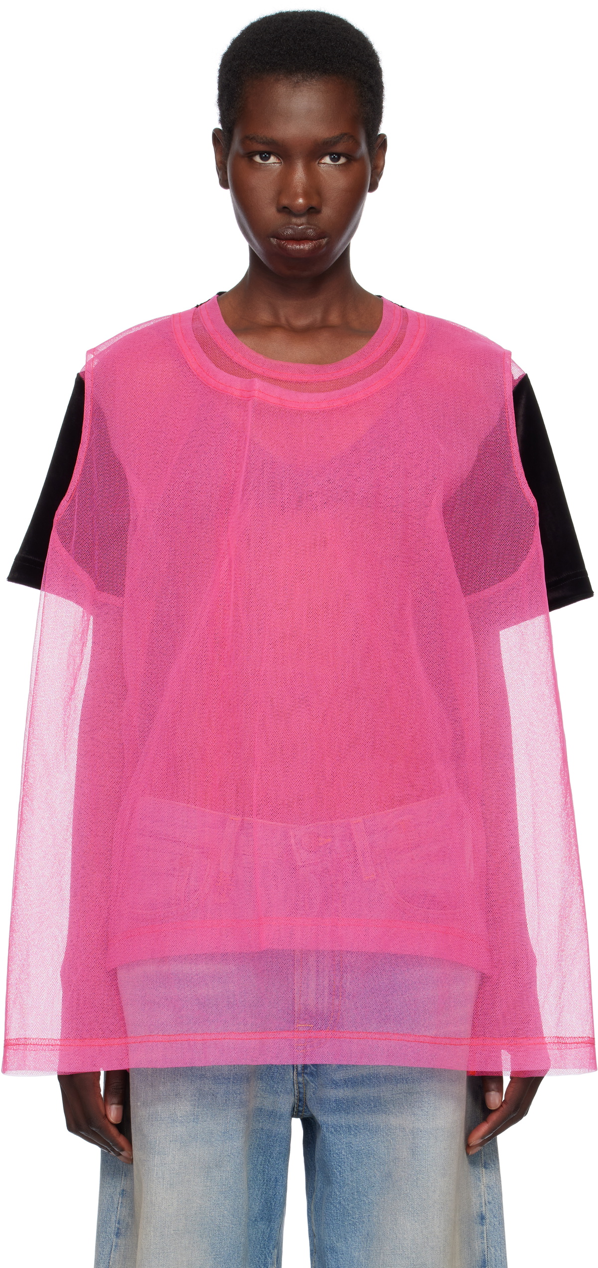 Comme des Garçons Homme Plus Black & Pink Bright Jersey & Nylon Tulle T-shirt