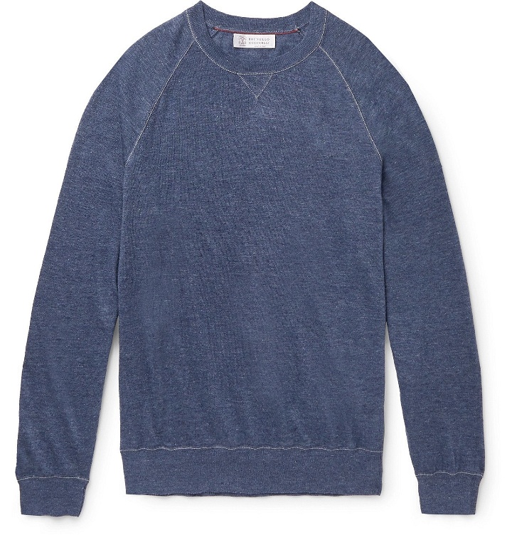 Photo: Brunello Cucinelli - Slim-Fit Linen and Cotton-Blend Sweatshirt - Blue