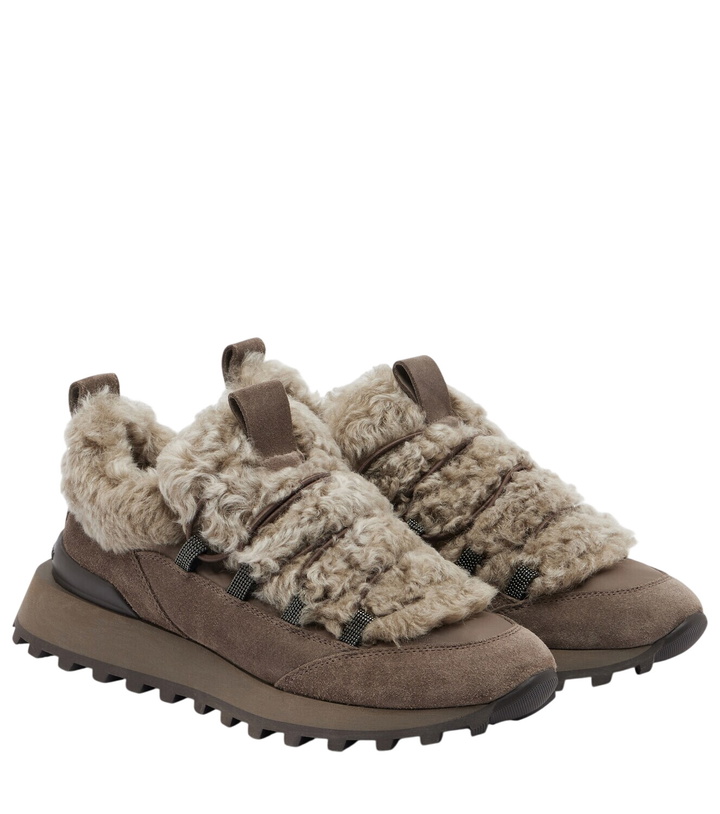 Photo: Brunello Cucinelli Monili shearling-trimmed suede sneakers