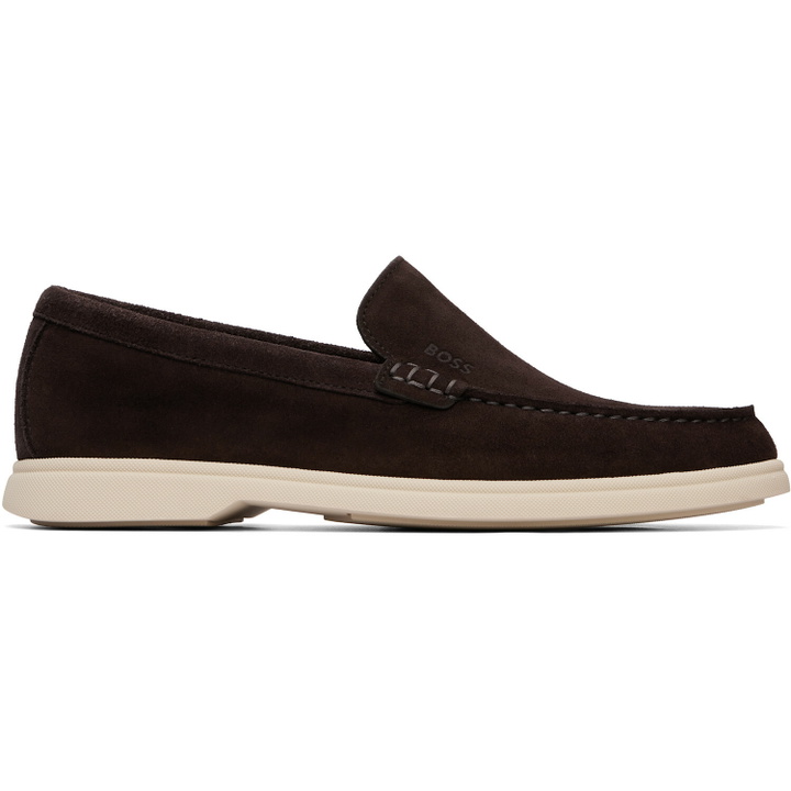 Photo: BOSS Brown Embossed Logo Suede Loafers