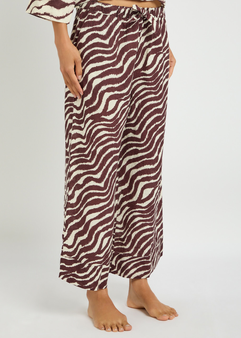 Desmond & Dempsey Tide Zebra-print Linen Trousers Brown