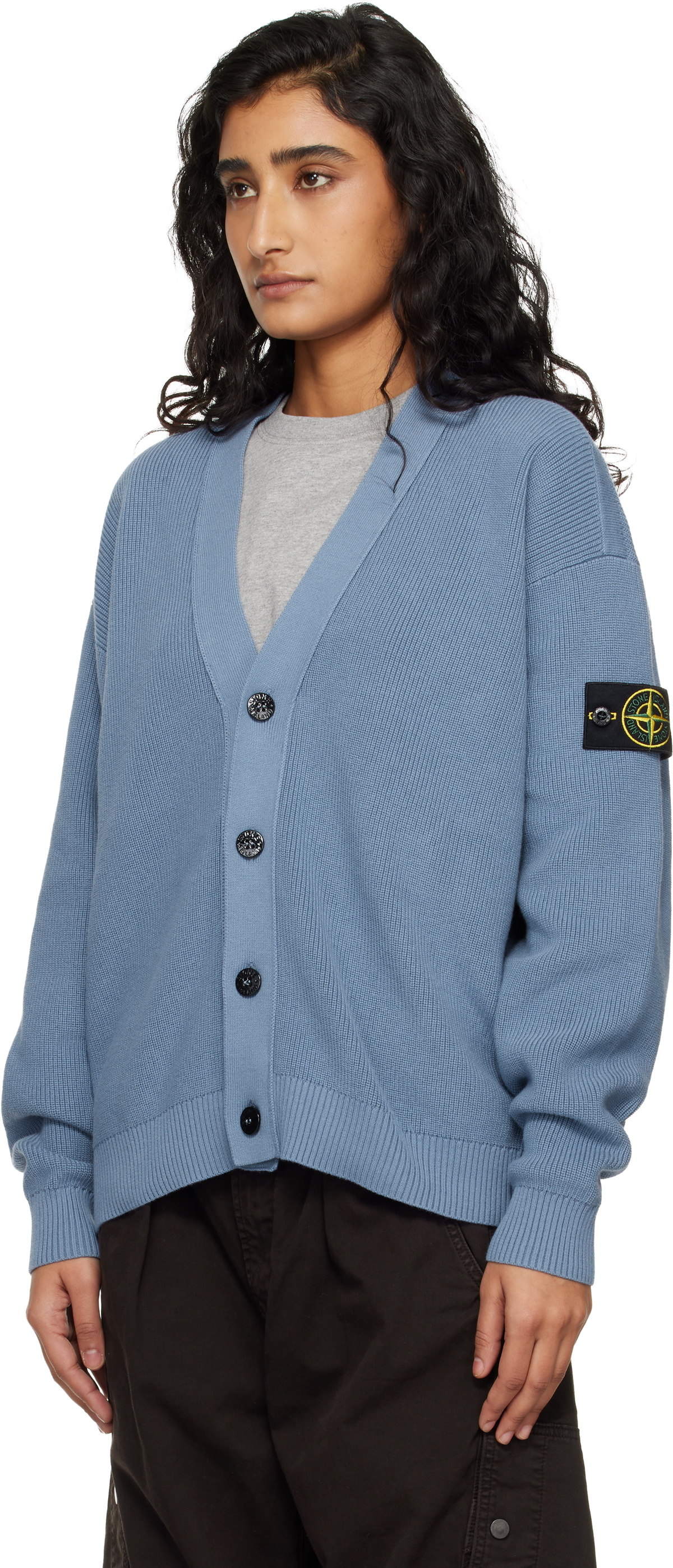 Stone Island Blue 5100009 Ribbed Soft Organic Cotton Cardigan