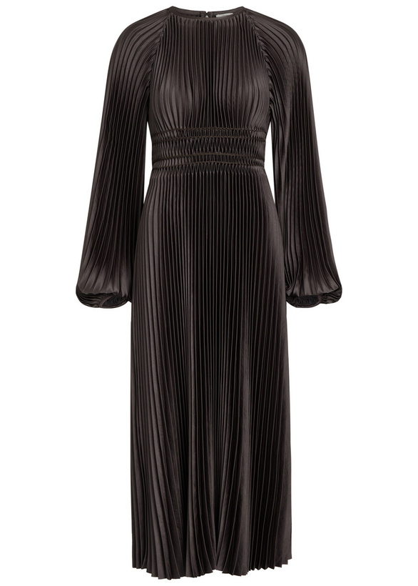 Photo: Joseph Ortiz Pleated Satin Midi Dress Brown