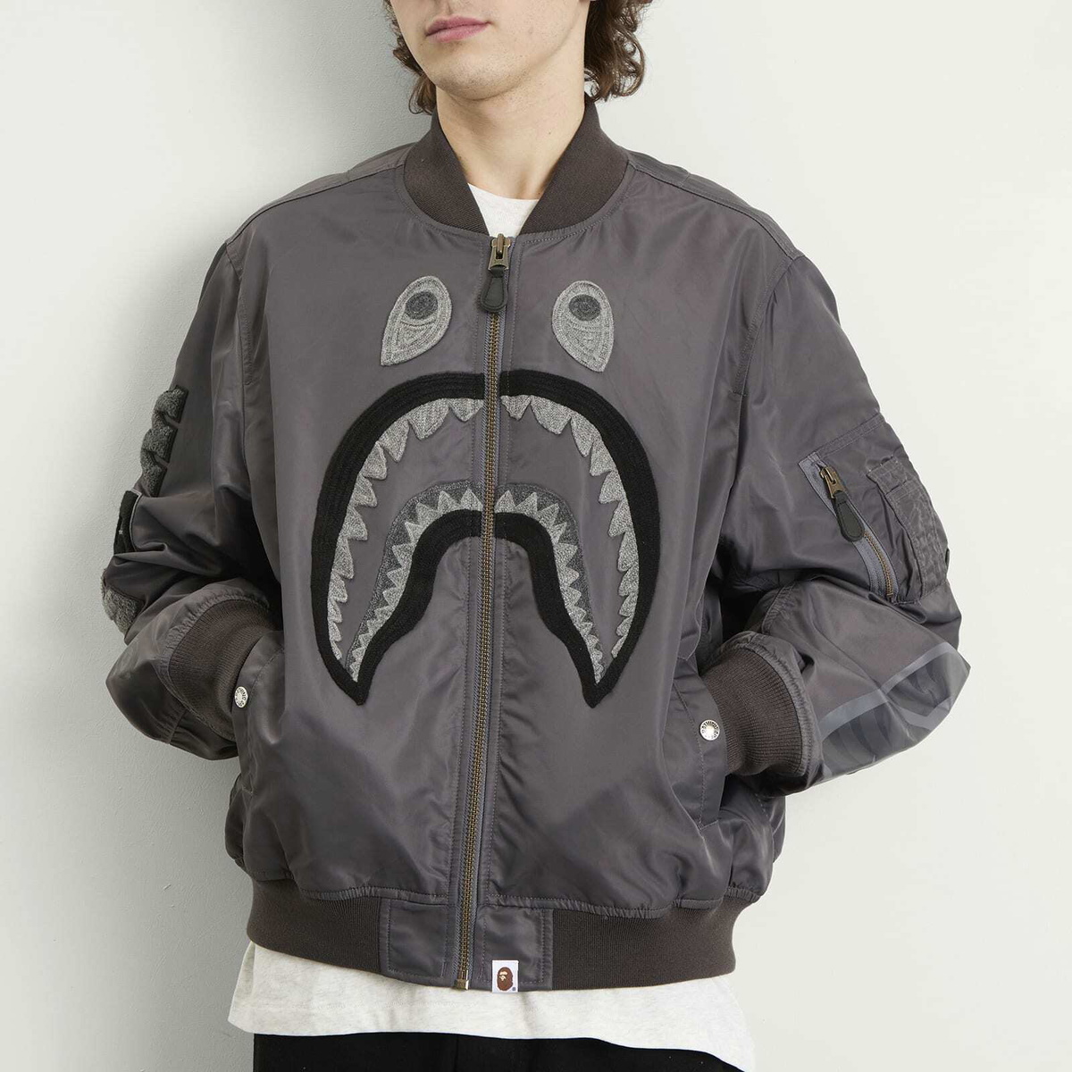 A Bathing Ape Men's Tonal Shark MA-1 Jacket in Charcoal A Bathing Ape