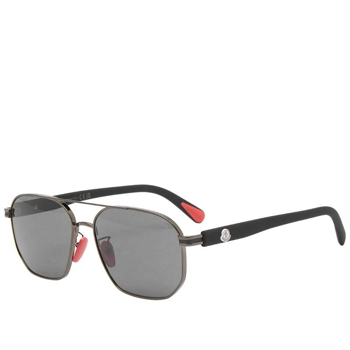 Photo: Moncler Eyewear Men's Flaperon Sunglasses in Shiny Gunmetal/Smoke