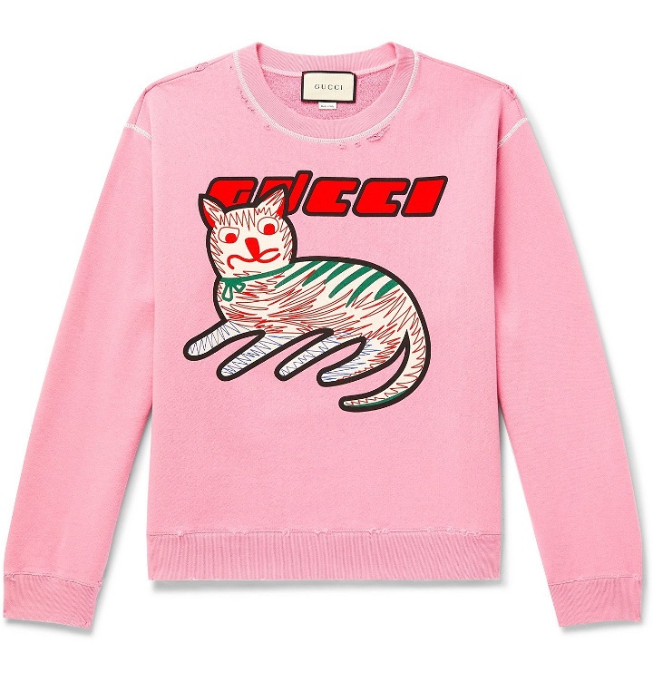 Photo: Gucci - Distressed Printed Loopback Cotton-Jersey Sweatshirt - Pink