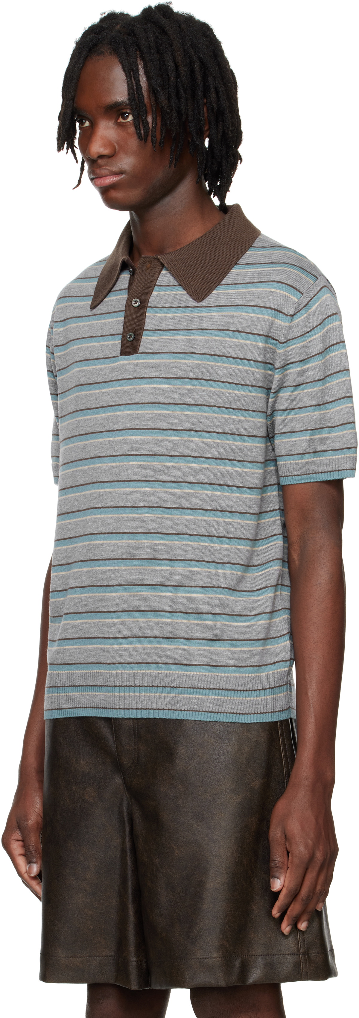 System Gray Striped Knitted Polo