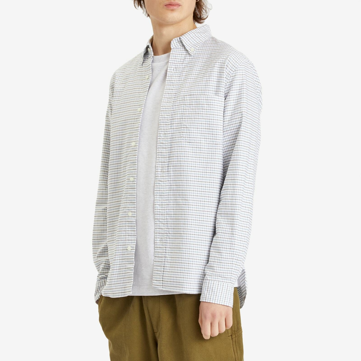 Beams Plus Men's Tattersall Check Button Down Oxford Shirt in White/Sax/Brown