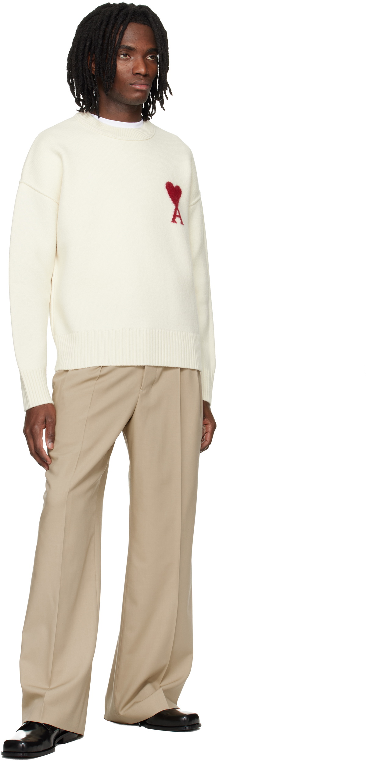 AMI Paris Off-White Wool Contrasted Ami de Coeur Crewneck Sweater