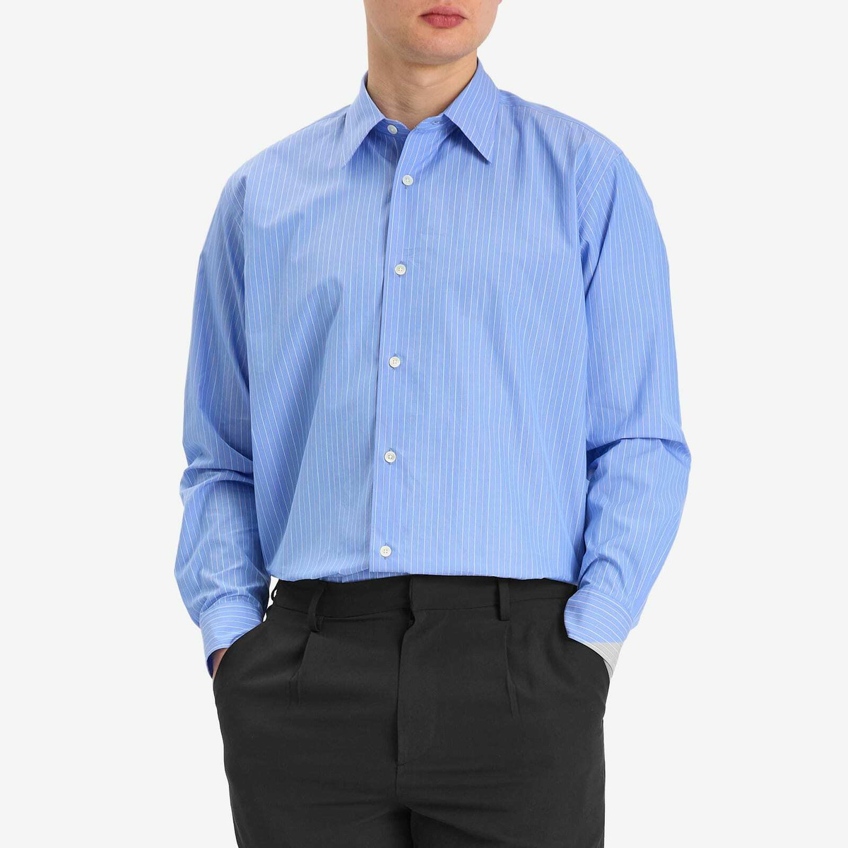 Auralee Men's Suvin High Count Cloth Stripe Shirt in Blue Stripe Auralee Men's Suvin High Count Cloth Stripe Shirt in Blue Stripe