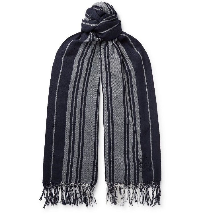 Photo: Loewe - Logo-Embroidered Fringed Striped Cashmere Scarf - Blue