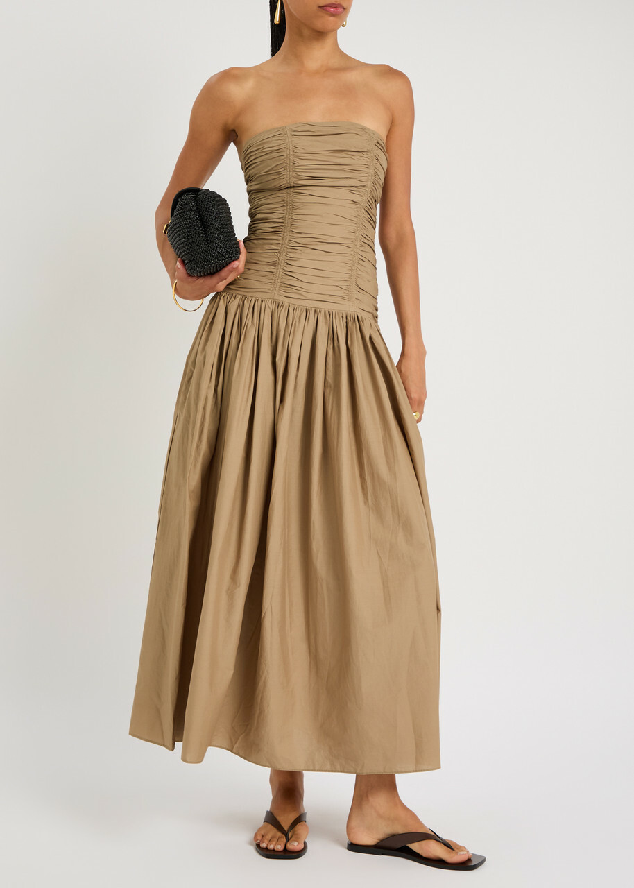 Matteau Strapless Drop Waist Cotton-poplin Midi Dress Stone
