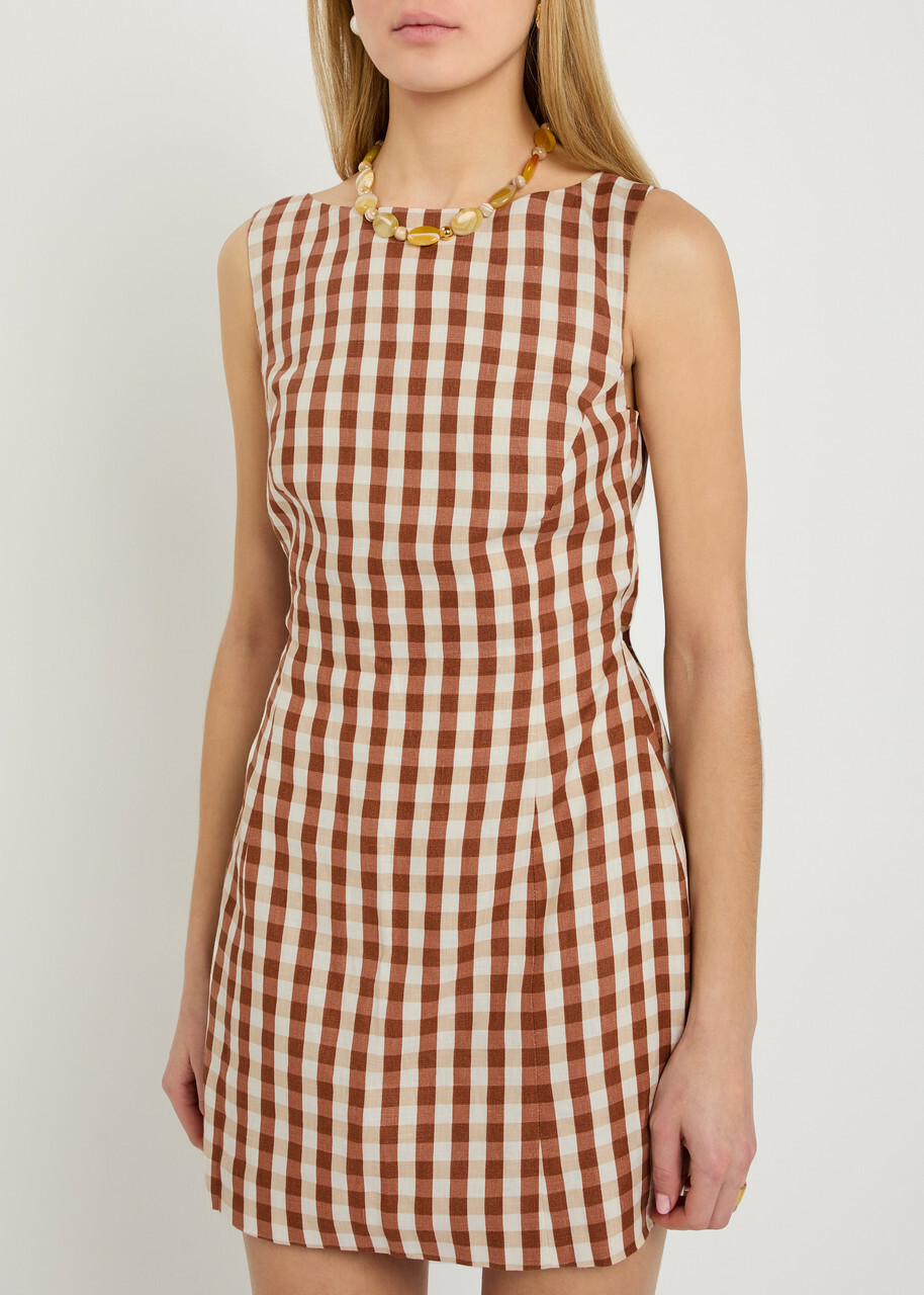 Faithfull The Brand Sofia Checked Linen Mini Dress Light Brown