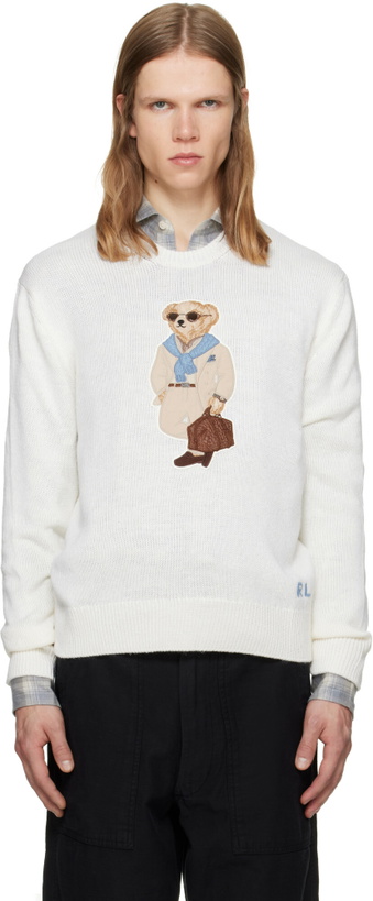 Photo: Ralph Lauren Purple Label Off-White Polo Bear Silk-Linen Sweater