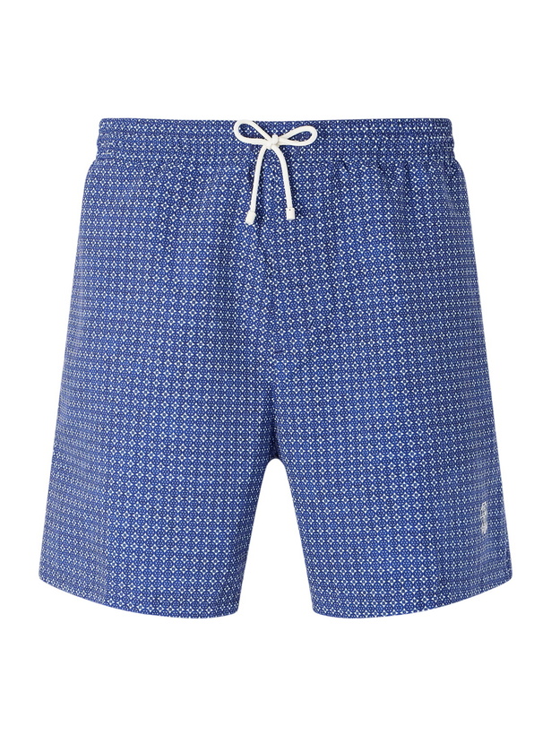 Photo: Brunello Cucinelli - Straight-Leg Mid-Length Logo-Embroidered Printed Swim Shorts - Blue