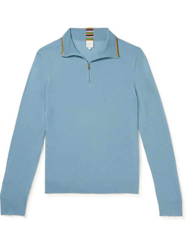 Photo: Paul Smith - Slim-Fit Logo-Embroidered Merino Wool Half-Zip Sweater - Blue