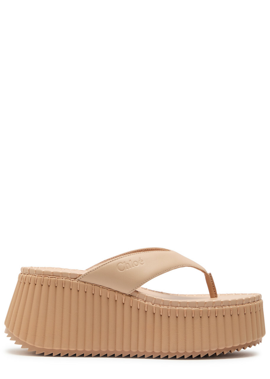 Chloe Nama 80 Thong Leather Wedge Sandals Cream