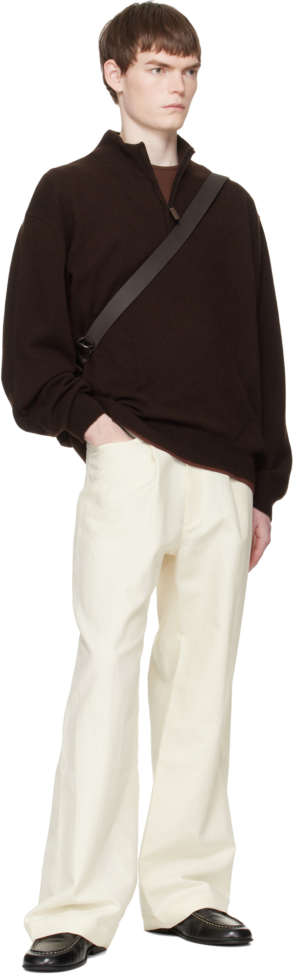 stein Brown Pure Cashmere Knit Half Zip LS Sweater