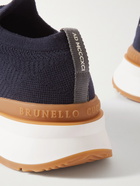 BRUNELLO CUCINELLI - Leather-Trimmed Stretch-Knit Sneakers - Blue