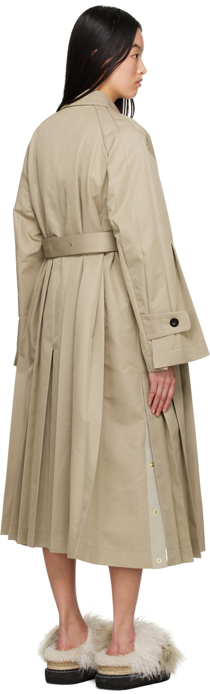 Pleated Trench Coat Beige Cotton Gabardine