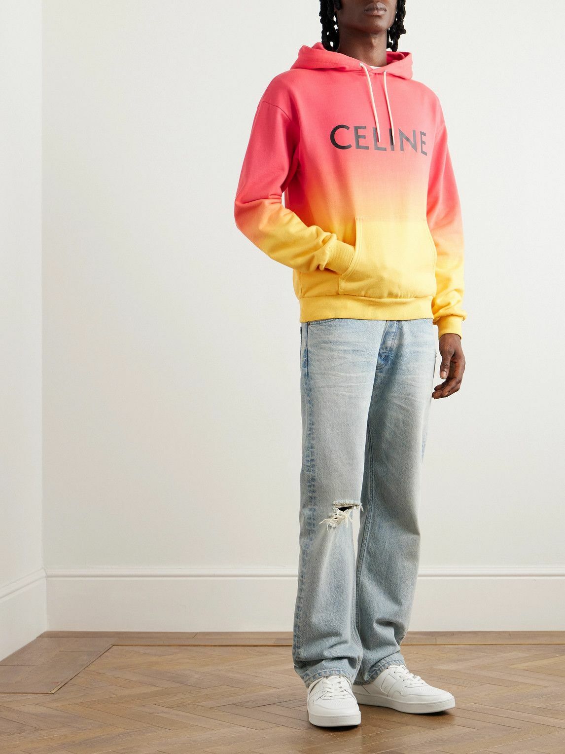 CELINE - Logo-Print Ombré Cotton-Jersey Hoodie - Orange Celine