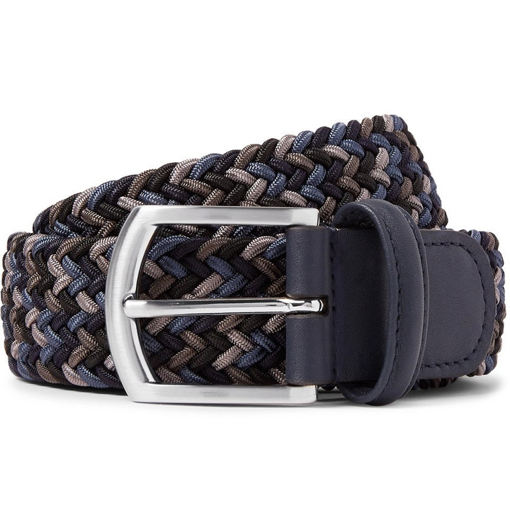 Photo: Anderson's - 3.5cm Storm-Blue Leather-Trimmed Woven Elastic Belt - Men - Storm blue