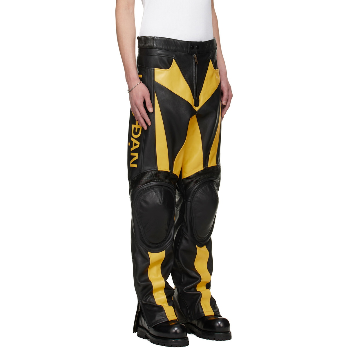 LU'U DAN BRUCE LEE x LỰU ĐẠN Black & Yellow Moto Racing Leather Pants