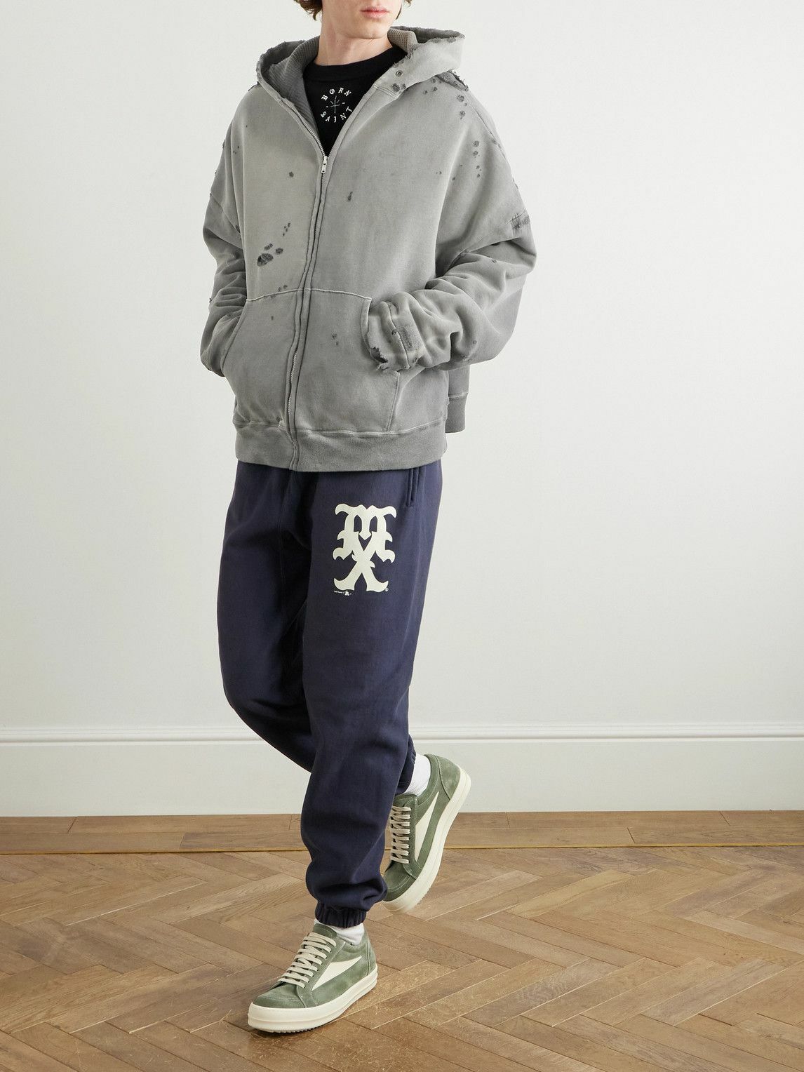 SAINT MXXXXXX - Distressed Cotton-Jersey Zip-Up Hoodie