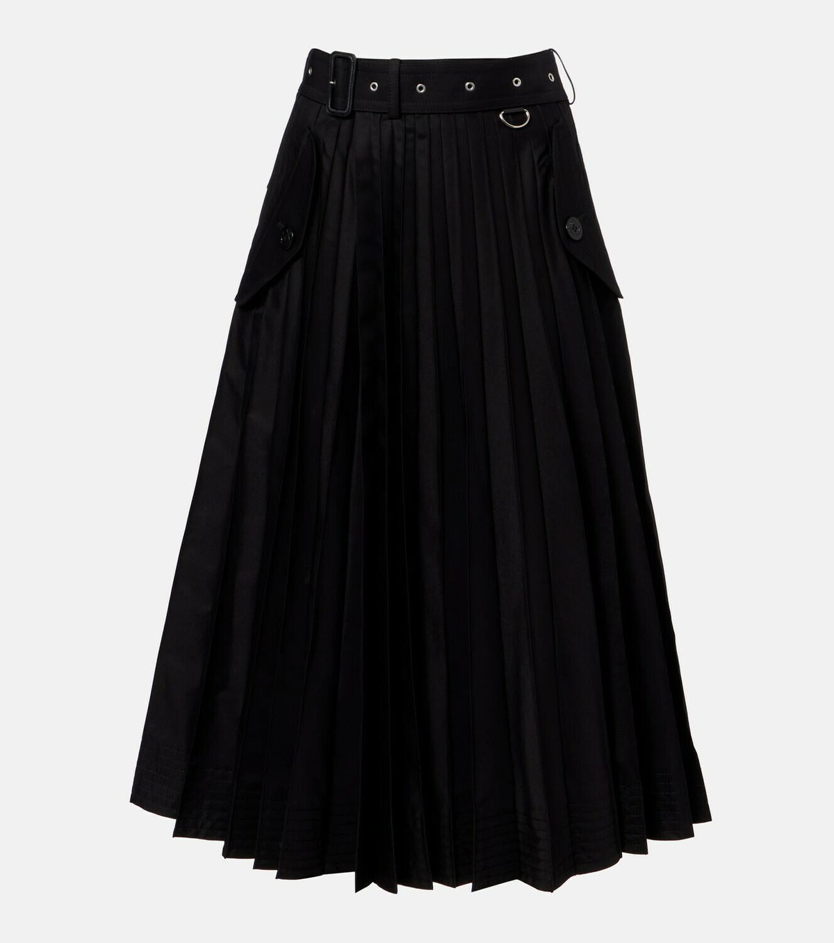 Sacai Belted cotton-blend gabardine midi skirt