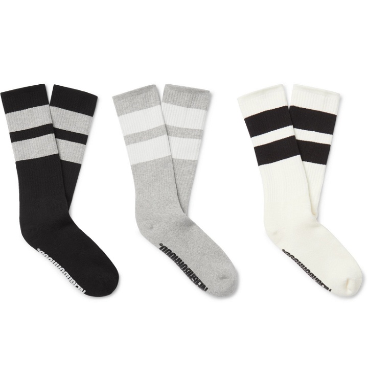 Photo: Neighborhood - Three-Pack Logo-Print Striped Stretch Cotton-Blend Socks - Black