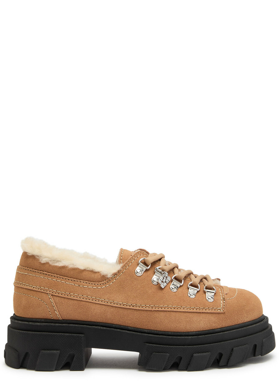 Ganni Faux Shearling-trimmed Suede Derby Shoes Tan