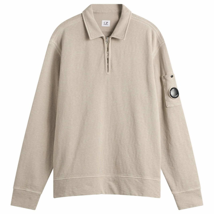 Photo: C.P. Company Men's Malfile Fleece Quarter Zip Collared Sweatshirt in Dove