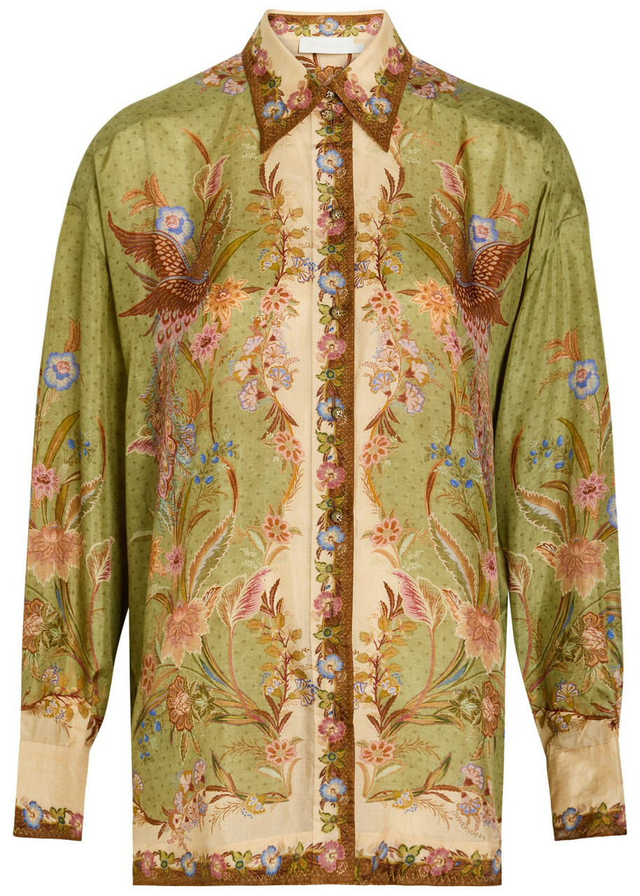 Zimmermann Indra Printed Silk Shirt Khaki