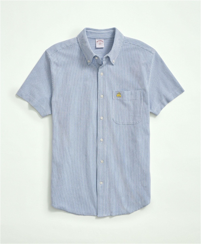 Photo: Brooks Brothers Men's Slim Fit Cotton Pique Knit Candy Stripe Short-Sleeve Shirt | Blue