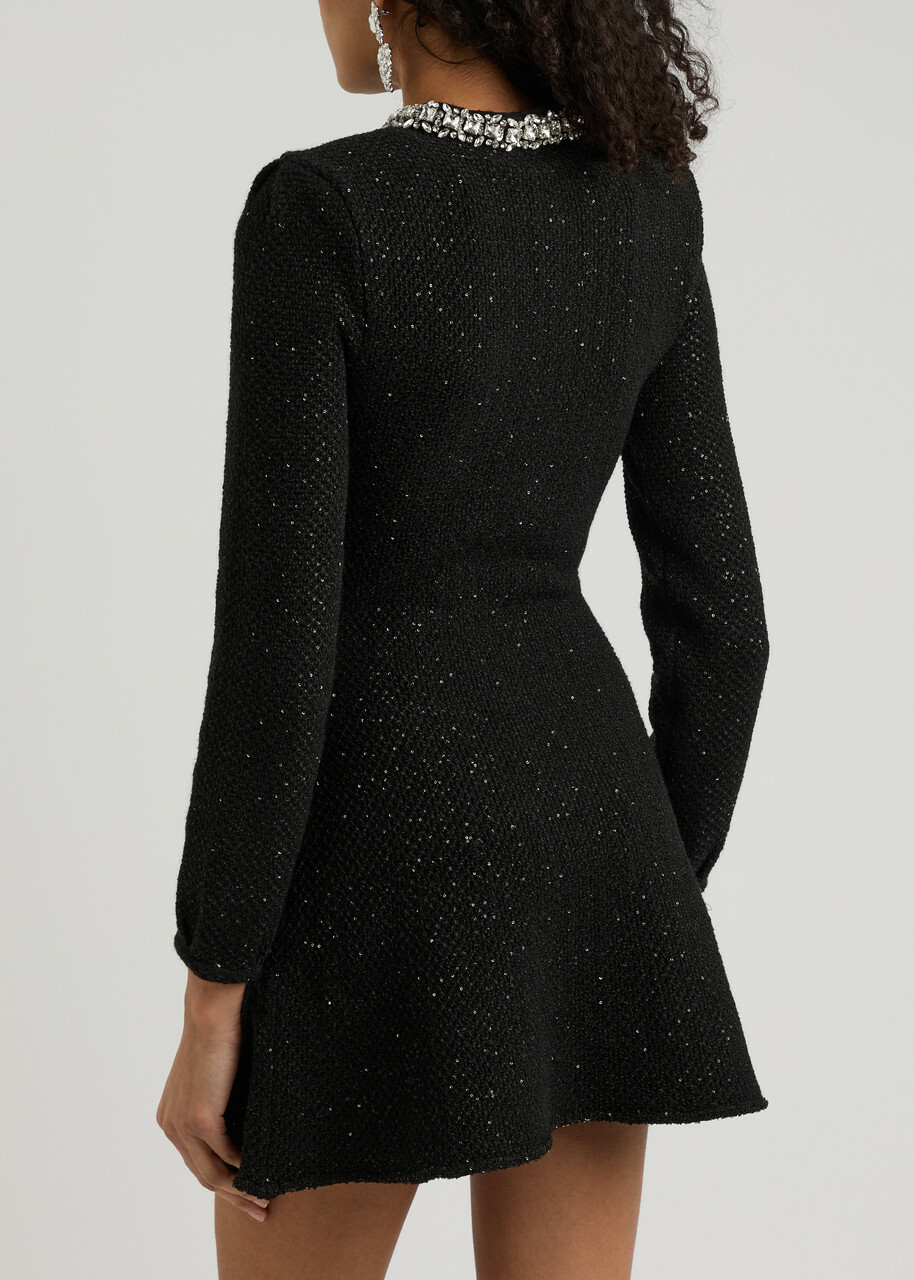 Self-portrait Crystal-embellished Cotton-blend Mini Dress Black