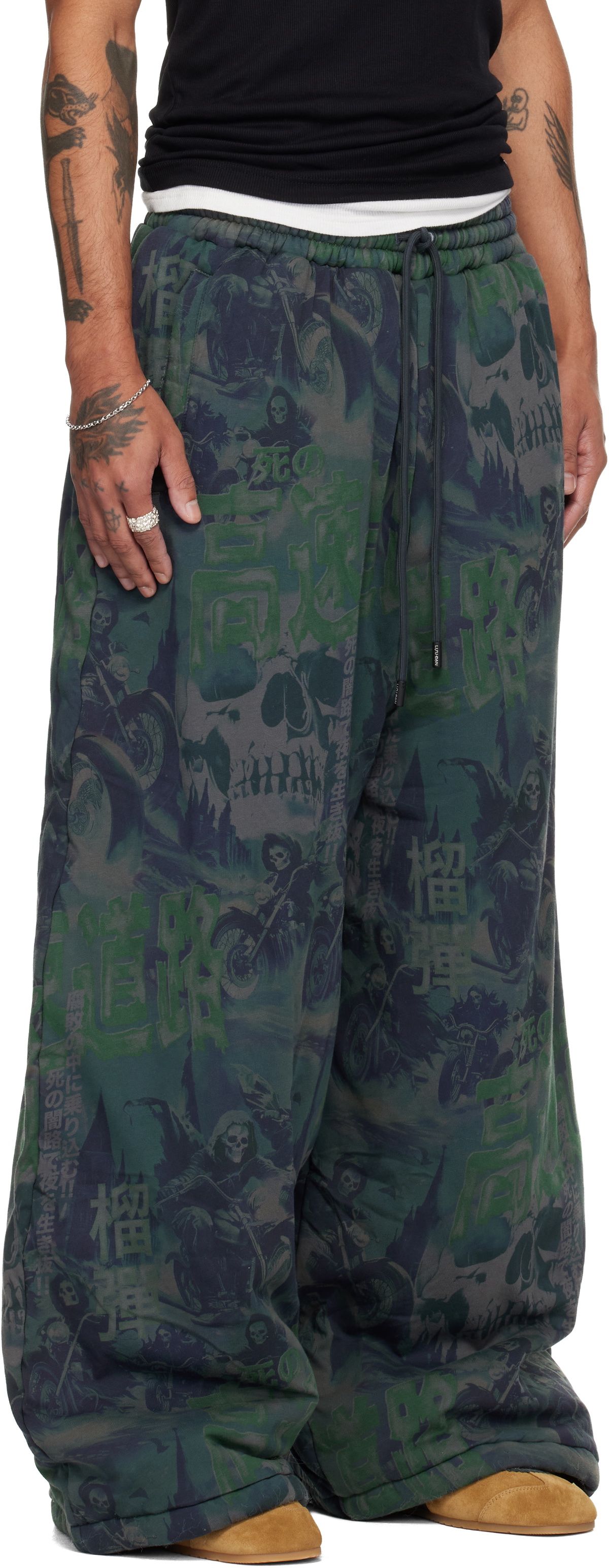 LU'U DAN Navy & Green Wadded Bontans Sweatpants