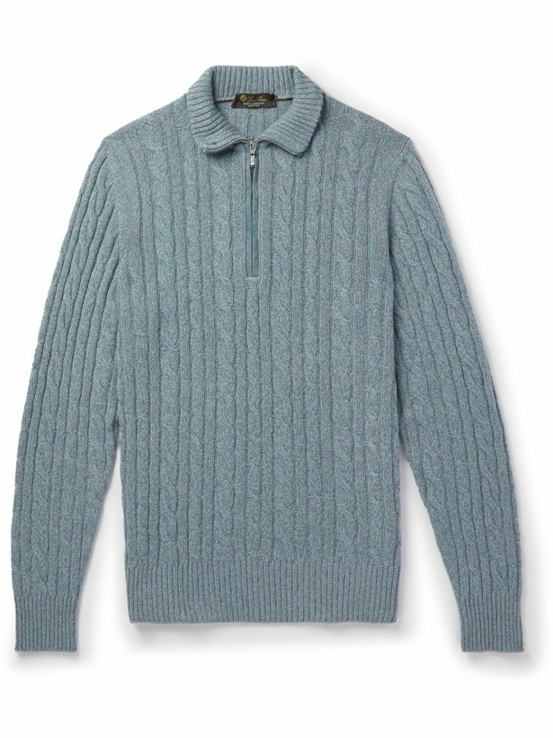 Photo: Loro Piana - Suede-Trimmed Cable-Knit Baby Cashmere Half-Zip Sweater - Blue